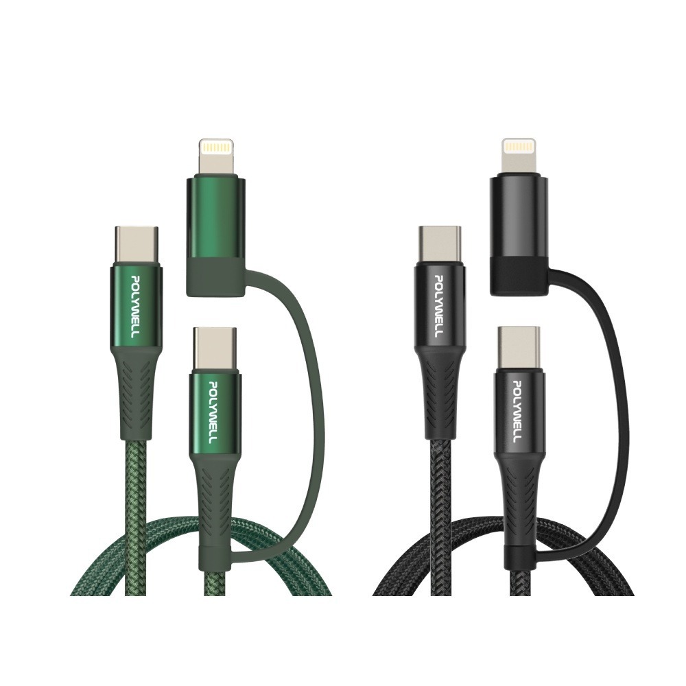 現貨 Polywell 二合一PD編織快充線 USB-C+Lightning 1米~2米   [928福利社]-細節圖2