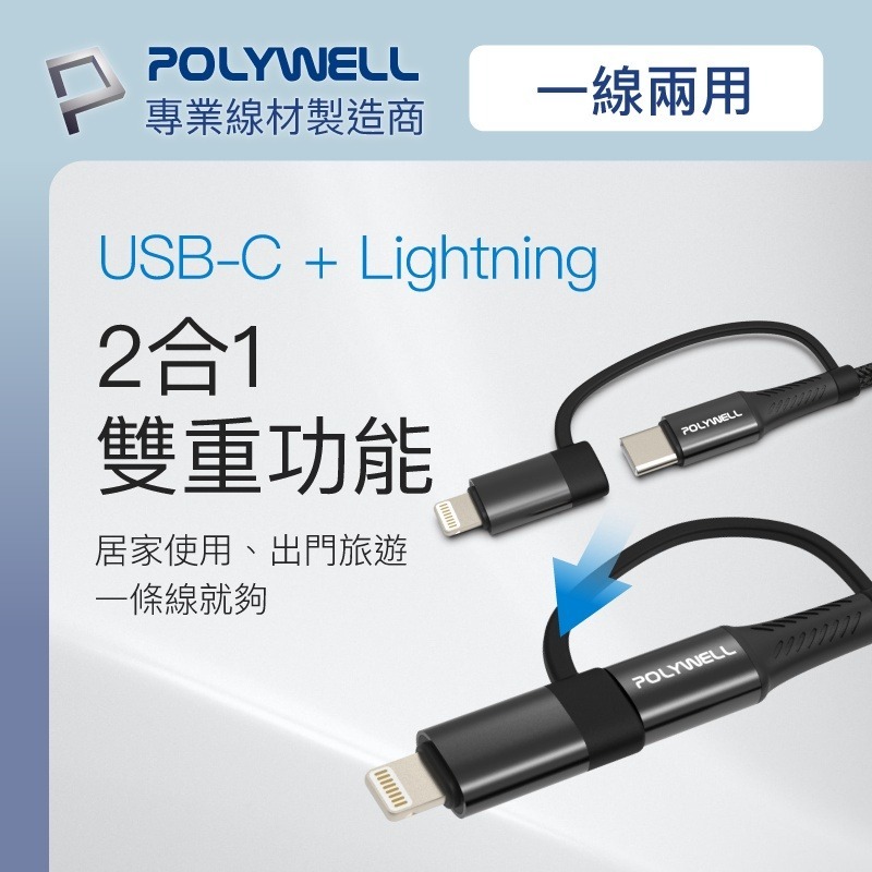 現貨 Polywell 二合一PD編織快充線 USB-C+Lightning 1米~2米   [928福利社]-細節圖4
