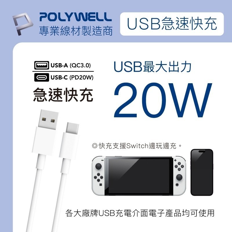 POLYWELL USB 快充電源 壁插 1轉3插座 20W 快充 台灣製造MIT 過載保護 自動斷電 [928福利社]-細節圖4