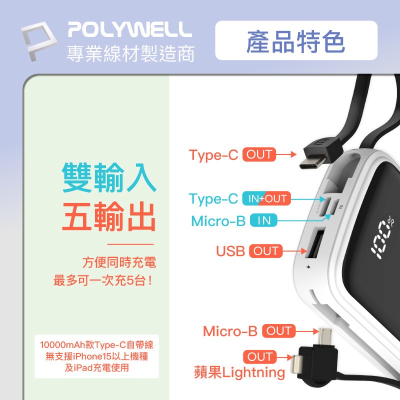 POLYWELL 自帶線快充行動電源 1萬/2萬毫安 USB-A Type-C Lightning [928福利社]-細節圖6