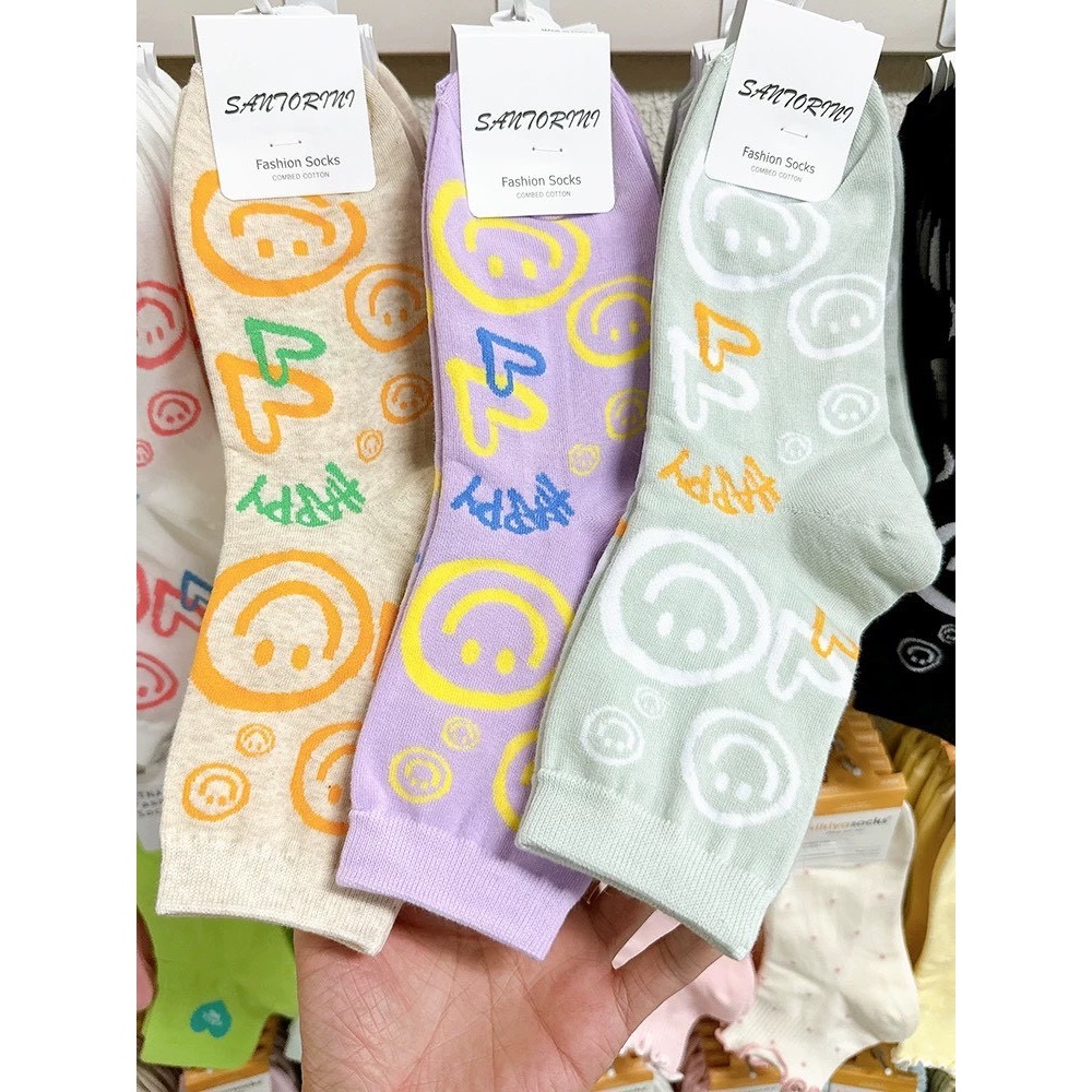 韓國🇰🇷成人襪 可愛風塗鴉笑臉中筒襪-細節圖3