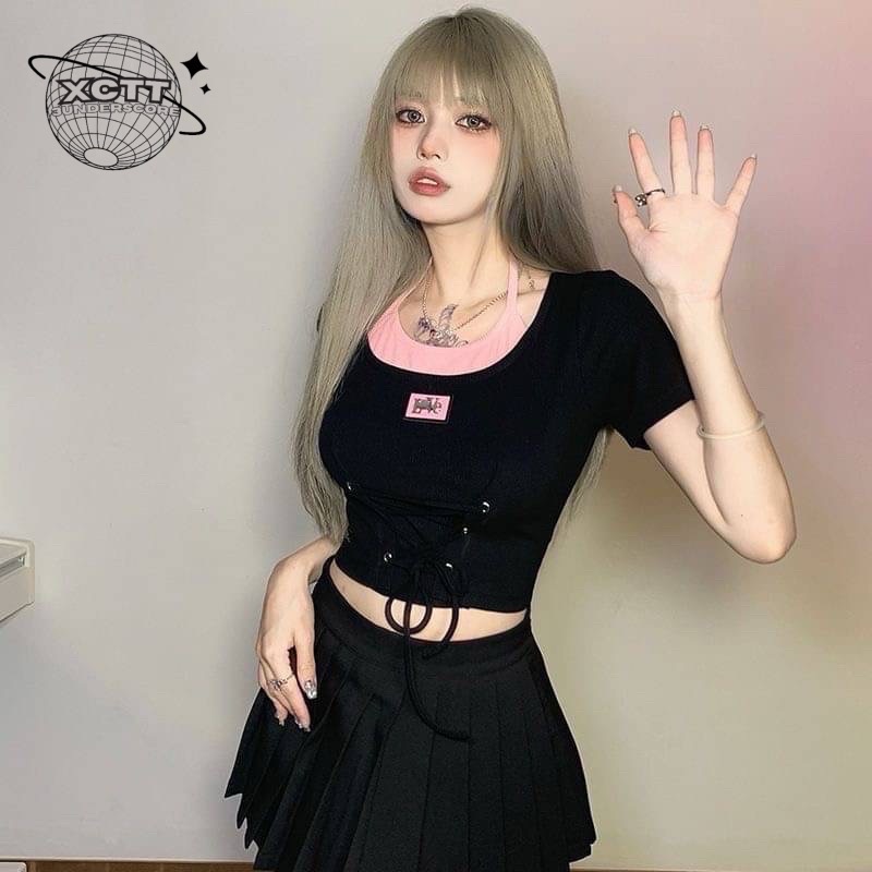 預購｜甜酷風假兩件綁帶撞色短版上衣-細節圖4