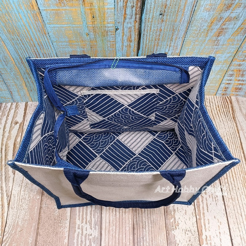 彩側邊-大方拉鍊麻布袋∣大方前後白 蝶古巴特 拼貼麻布袋 大寬底購物袋 防水膜麻布袋 環保袋  蝶古巴特∣小麥手作舖-細節圖6