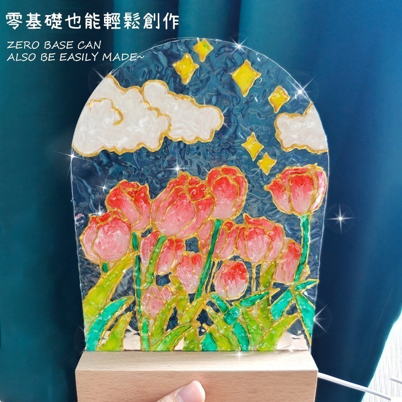 台灣現貨 小麥手作舖︱波紋板夜燈DIY材料組︱氛圍感 鬱金香水波紋 繪畫透明亞克力板 玻璃畫板 小夜燈 手繪夜燈DIY-細節圖2