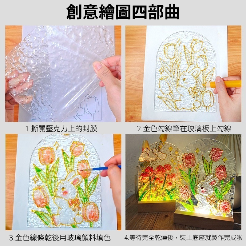 台灣現貨 小麥手作舖︱波紋板夜燈DIY材料組︱氛圍感 鬱金香水波紋 繪畫透明亞克力板 玻璃畫板 小夜燈 手繪夜燈DIY-細節圖5