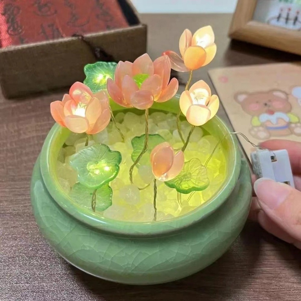 好運蓮蓮陶瓷盆夜燈︱台灣現貨 琉璃蓮花燈 DIY材料包 荷花小夜燈 自製材料包  手作材料包 蝶古巴特︱小麥手作舖-細節圖4