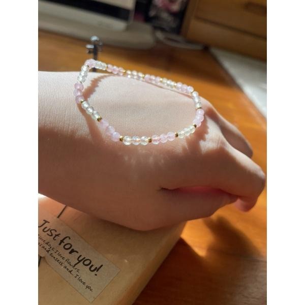 ♪葡萄石+粉晶+18k鍍金♪- 天然3mm粉水晶綠葡萄石鑽切鍍18k金設計款—手鍊/手鏈-細節圖2