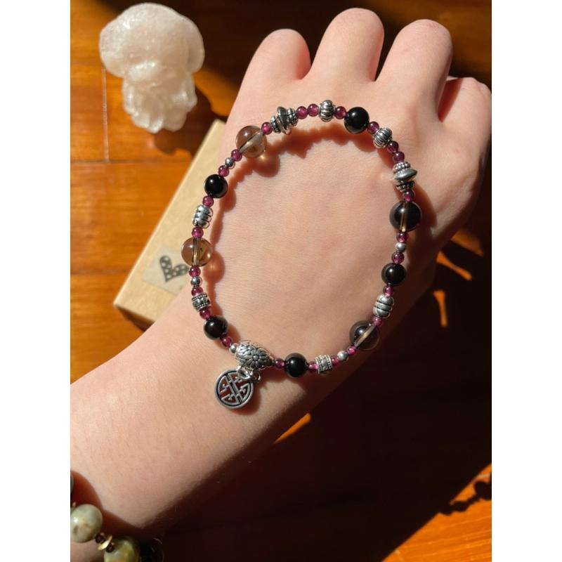 ♪茶晶+紫牙烏+黑色條紋瑪瑙♪- 天然煙晶石榴石黑瑪瑙—摩羯座生日禮物設計款—手珠/手鍊-細節圖2