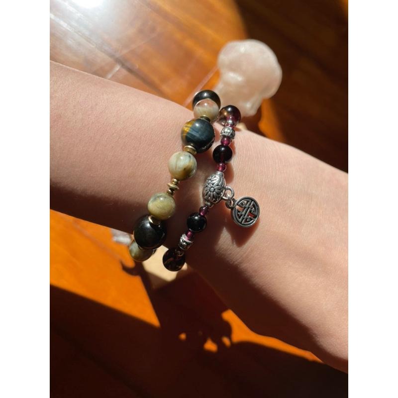♪茶晶+紫牙烏+黑色條紋瑪瑙♪- 天然煙晶石榴石黑瑪瑙—摩羯座生日禮物設計款—手珠/手鍊-細節圖3
