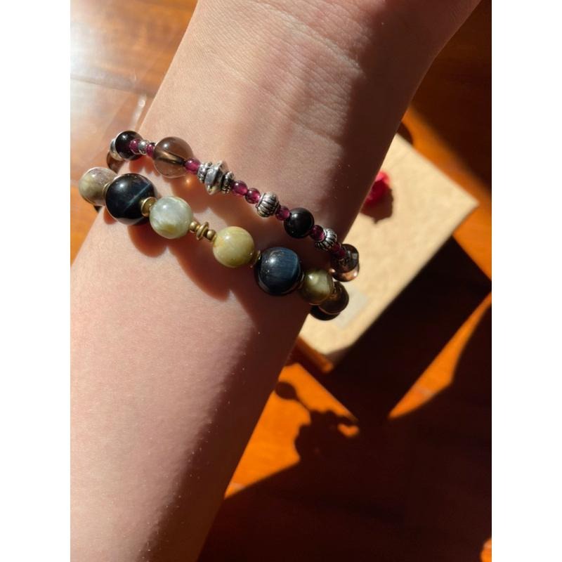 ♪茶晶+紫牙烏+黑色條紋瑪瑙♪- 天然煙晶石榴石黑瑪瑙—摩羯座生日禮物設計款—手珠/手鍊-細節圖4