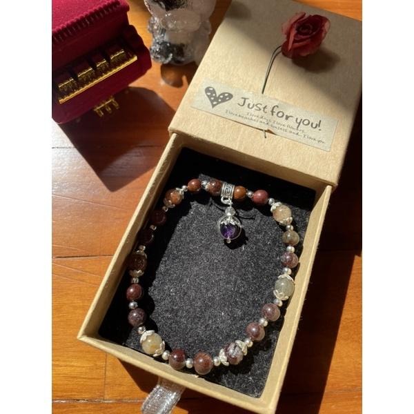 ♪烏拉圭紫水晶+四季幽靈/彩幽靈/異象水晶♪- 天然烏拉圭紫晶意象幽靈共生水晶—天秤座生日禮物設計款—手珠/手鍊-細節圖4