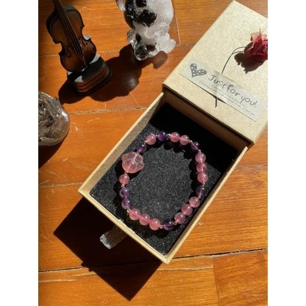 ♪草莓晶+紫水晶+貓爪+18k包金♪- 天然7mm冰種紅草莓晶紫晶鍍18k金貓爪設計款—手珠/手鍊-細節圖6