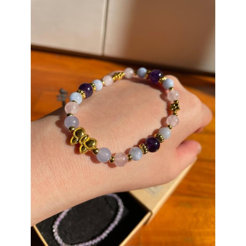 ♪海水藍寶/海藍寶石+紫水晶+粉晶♪- 天然海藍寶紫晶粉水晶—雙魚座生日禮物設計款—手珠/手鍊-細節圖2
