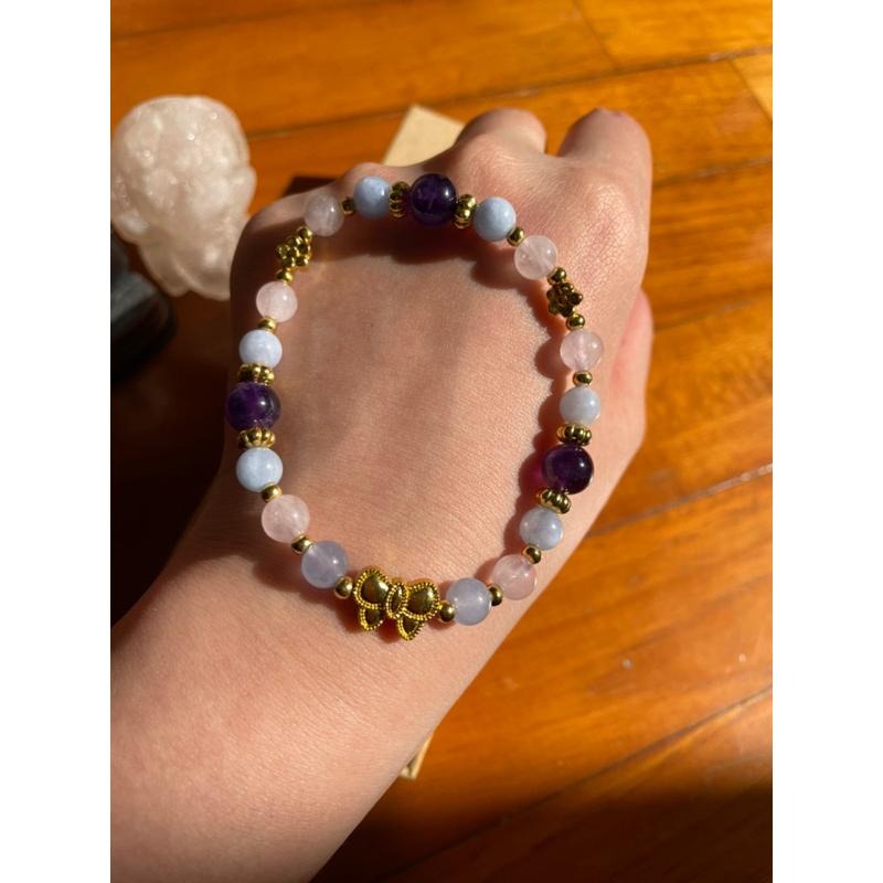 ♪海水藍寶/海藍寶石+紫水晶+粉晶♪- 天然海藍寶紫晶粉水晶—雙魚座生日禮物設計款—手珠/手鍊-細節圖3