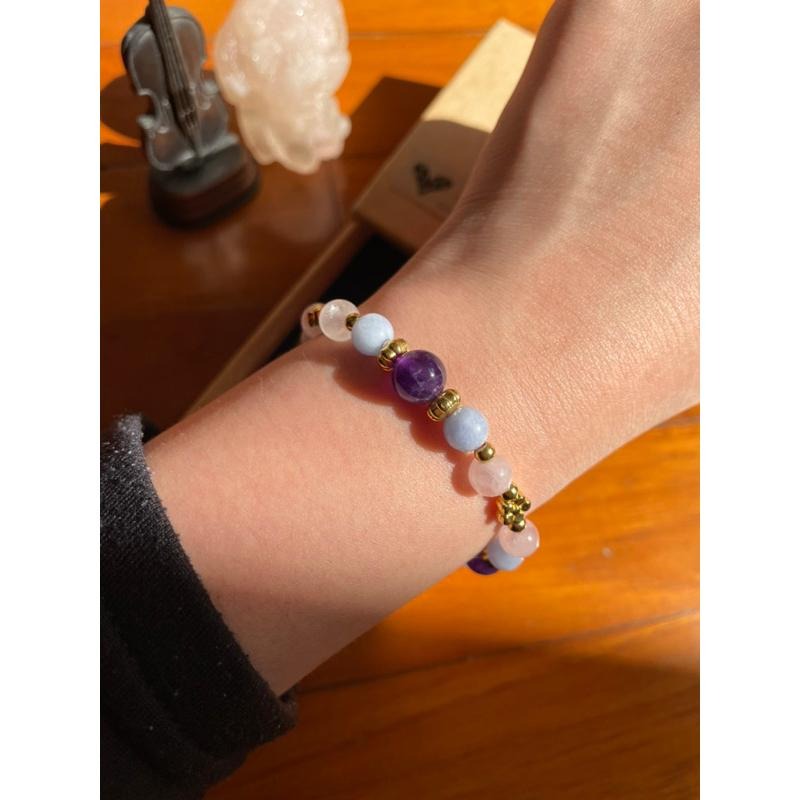 ♪海水藍寶/海藍寶石+紫水晶+粉晶♪- 天然海藍寶紫晶粉水晶—雙魚座生日禮物設計款—手珠/手鍊-細節圖5