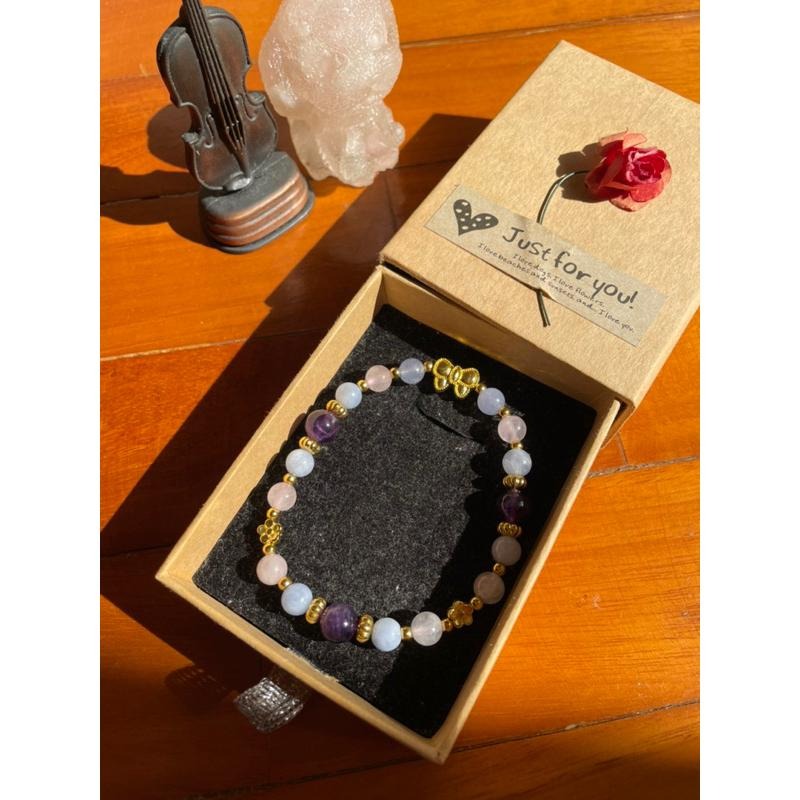 ♪海水藍寶/海藍寶石+紫水晶+粉晶♪- 天然海藍寶紫晶粉水晶—雙魚座生日禮物設計款—手珠/手鍊-細節圖6