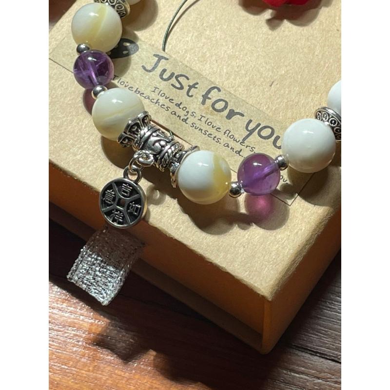 ♪硨磲貝+紫水晶♪- 天然金絲硨磲紫晶—處女座生日禮物設計款—手珠/手鍊-細節圖2
