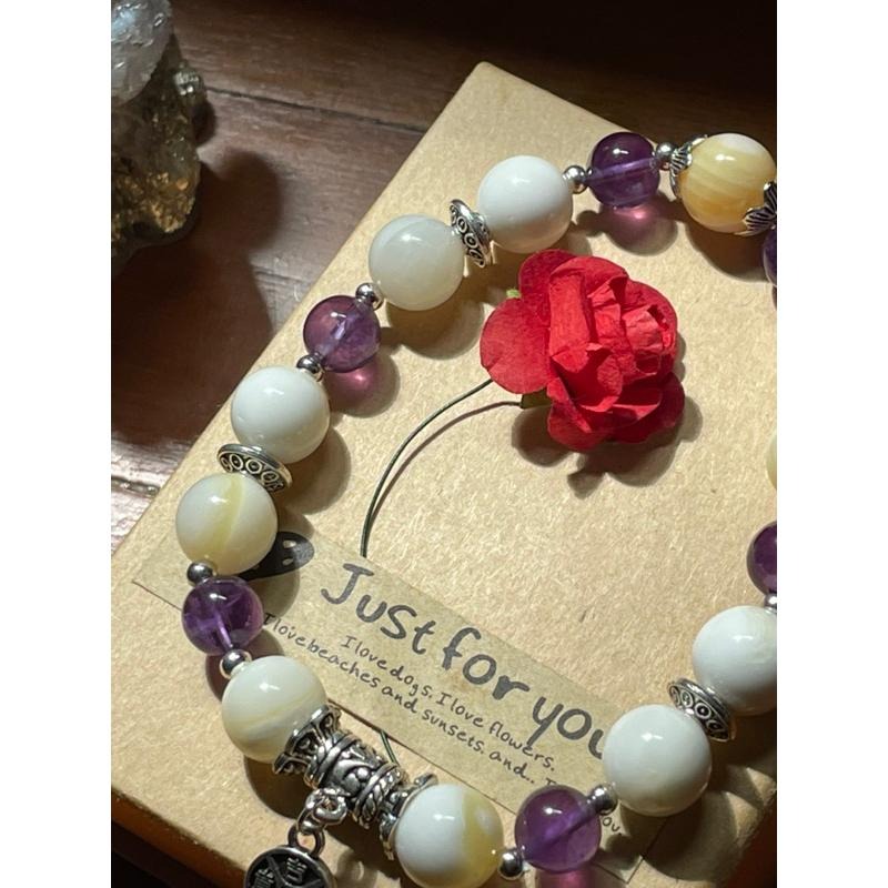 ♪硨磲貝+紫水晶♪- 天然金絲硨磲紫晶—處女座生日禮物設計款—手珠/手鍊-細節圖3