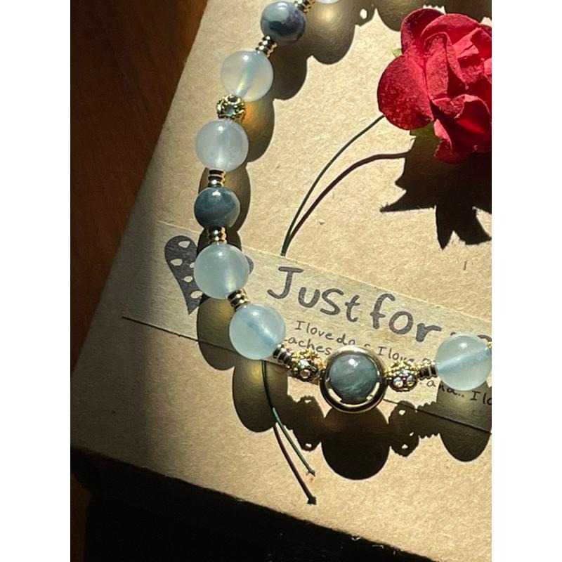 ♪藍碧璽/西瓜碧璽+冰種海水藍寶石♪- 天然碧璽綠柱石設計款—喉輪—第五輪設計款C款手珠/手鍊-細節圖2