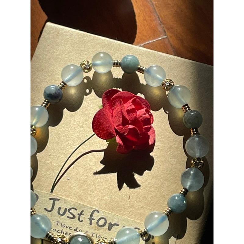 ♪藍碧璽/西瓜碧璽+冰種海水藍寶石♪- 天然碧璽綠柱石設計款—喉輪—第五輪設計款C款手珠/手鍊-細節圖3