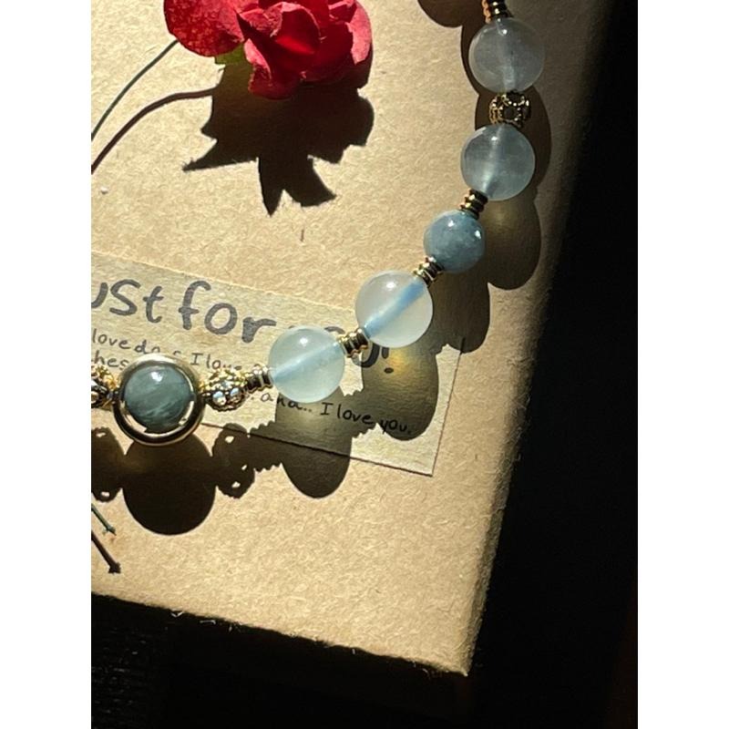 ♪藍碧璽/西瓜碧璽+冰種海水藍寶石♪- 天然碧璽綠柱石設計款—喉輪—第五輪設計款C款手珠/手鍊-細節圖4