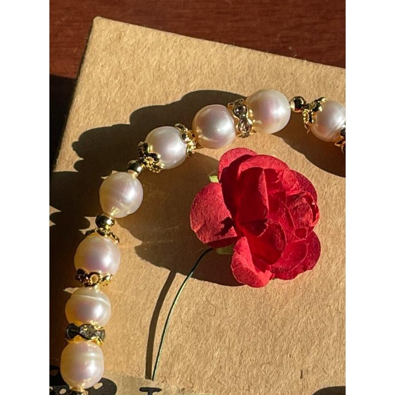 ♪珍珠/白珍珠+18k包金♪- 天然8mm淡水珍珠鍍18k金設計款—第九輪設計款D款手珠/手鍊-細節圖3