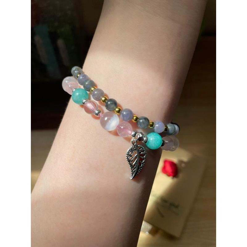♪透石膏+莫西比克粉晶+天河石♪- 天然石膏晶天河星光粉水晶設計款—手珠/手鍊-細節圖5