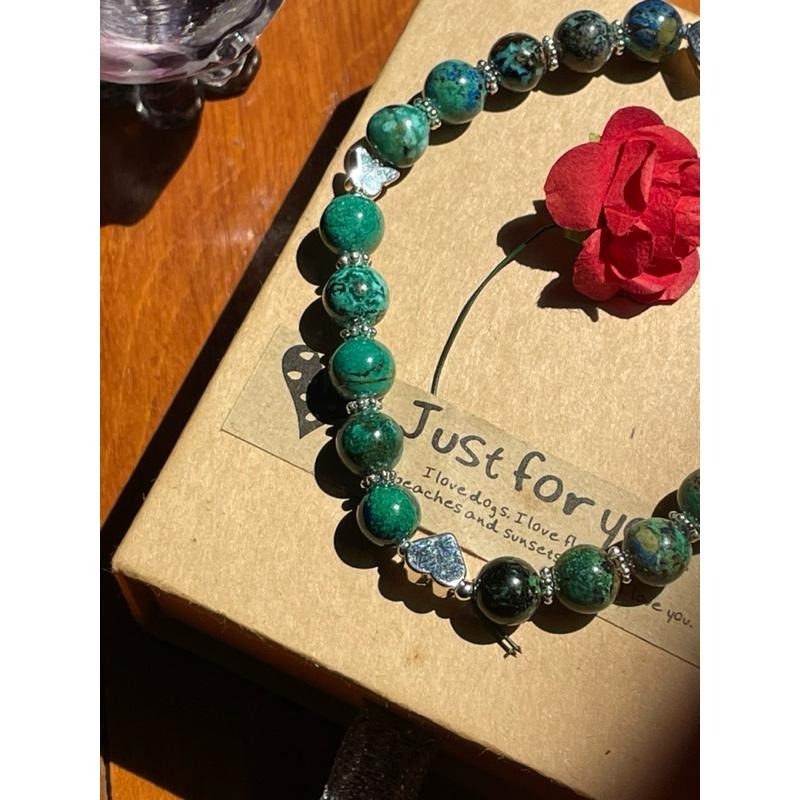 ♪藍銅礦/鳳凰石+18k包金♪- 7mm天然藍銅礦孔雀石共生設計款鍍18k金—手珠/手鍊-細節圖2