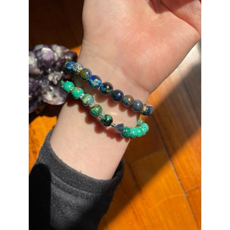 ♪藍銅礦/鳳凰石+18k包金♪- 7mm天然藍銅礦孔雀石共生設計款鍍18k金—手珠/手鍊-細節圖5