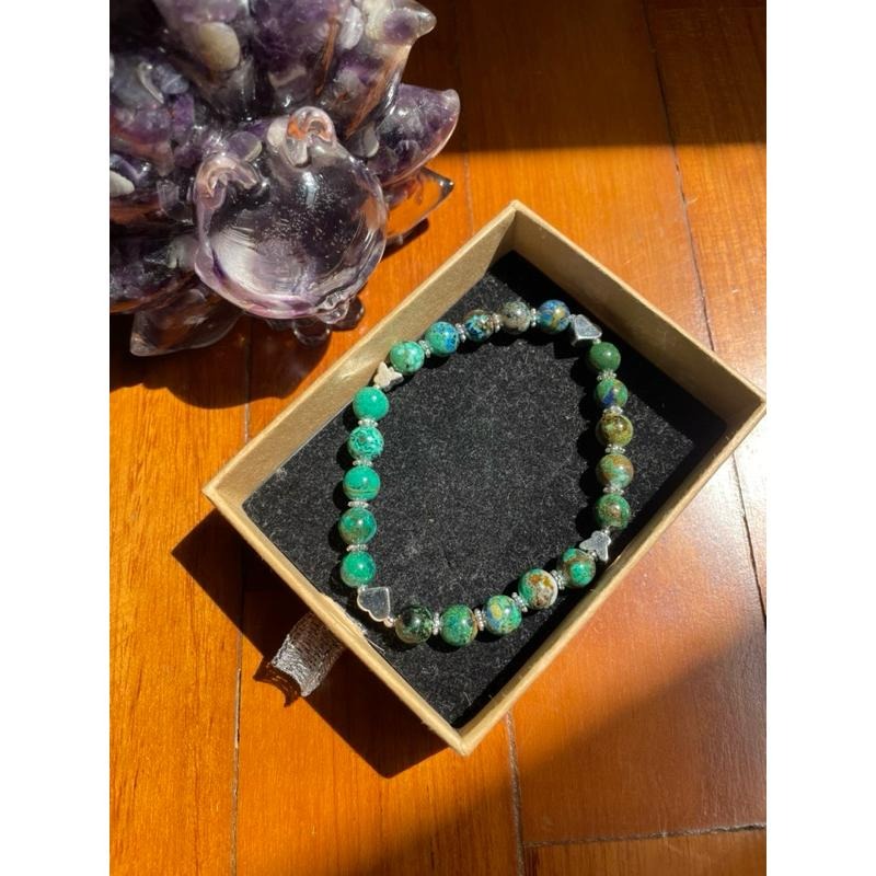 ♪藍銅礦/鳳凰石+18k包金♪- 7mm天然藍銅礦孔雀石共生設計款鍍18k金—手珠/手鍊-細節圖6