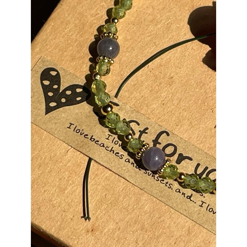 ♪丹泉石/坦桑石+橄欖石+18k包金♪- 天然晶系系列設計款—斜方晶系—手珠/手串-細節圖2