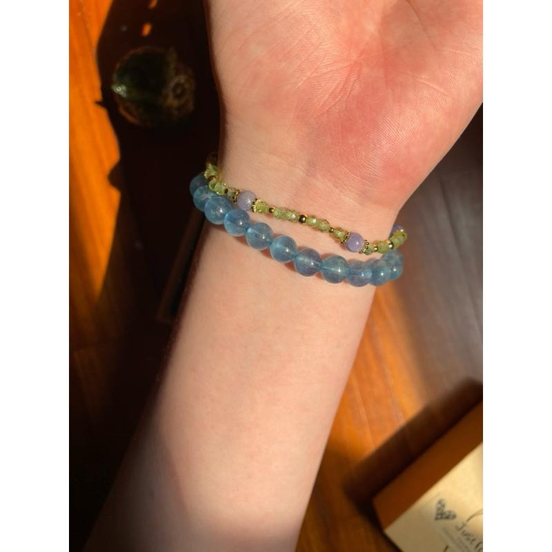 ♪丹泉石/坦桑石+橄欖石+18k包金♪- 天然晶系系列設計款—斜方晶系—手珠/手串-細節圖6