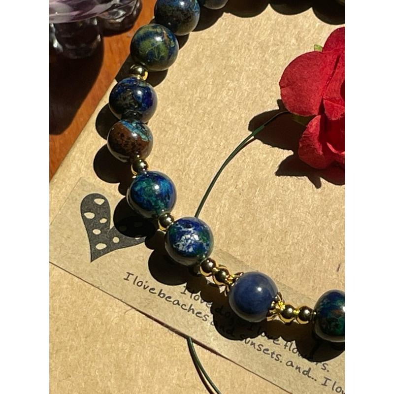 ♪藍銅礦/鳳凰石+18k包金♪- 7mm天然藍銅礦孔雀石共生設計款鍍18k金—手珠/手鍊-細節圖2