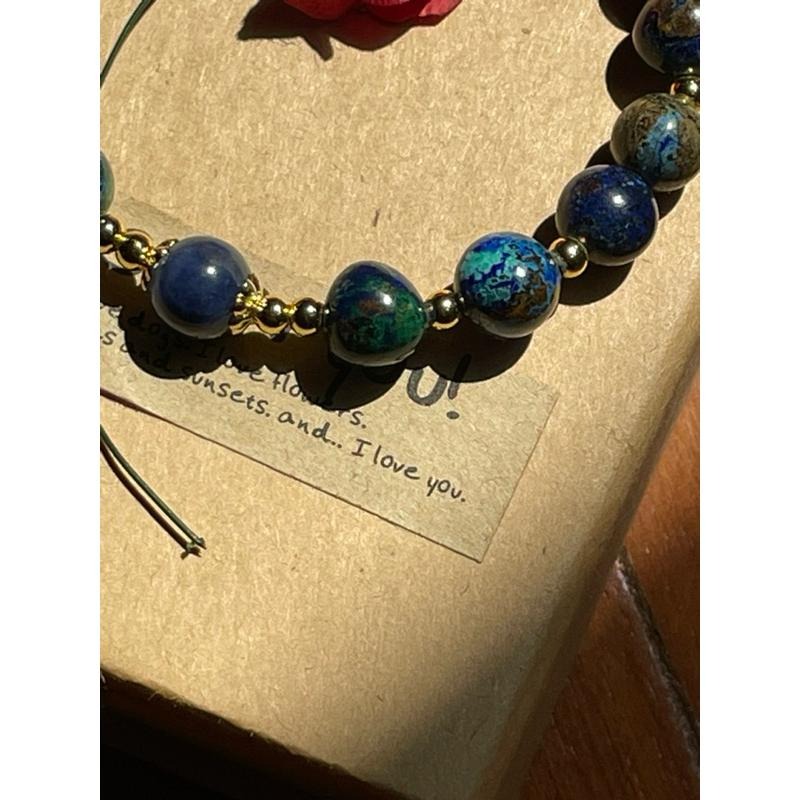 ♪藍銅礦/鳳凰石+18k包金♪- 7mm天然藍銅礦孔雀石共生設計款鍍18k金—手珠/手鍊-細節圖4