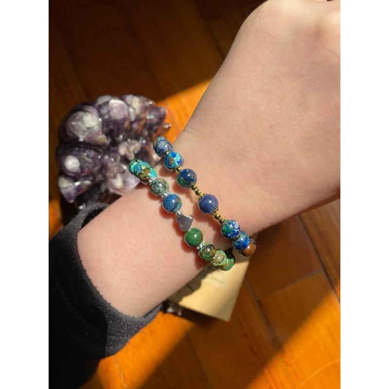 ♪藍銅礦/鳳凰石+18k包金♪- 7mm天然藍銅礦孔雀石共生設計款鍍18k金—手珠/手鍊-細節圖5