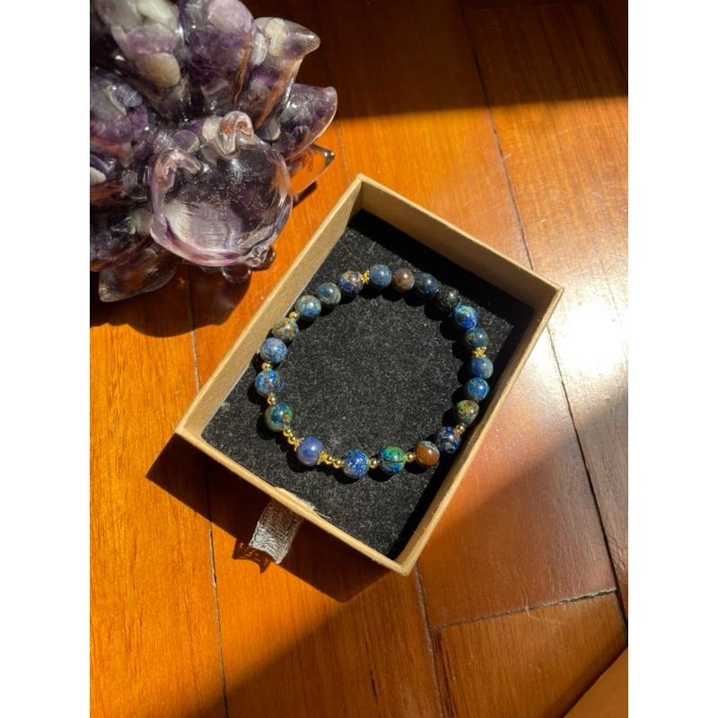 ♪藍銅礦/鳳凰石+18k包金♪- 7mm天然藍銅礦孔雀石共生設計款鍍18k金—手珠/手鍊-細節圖7