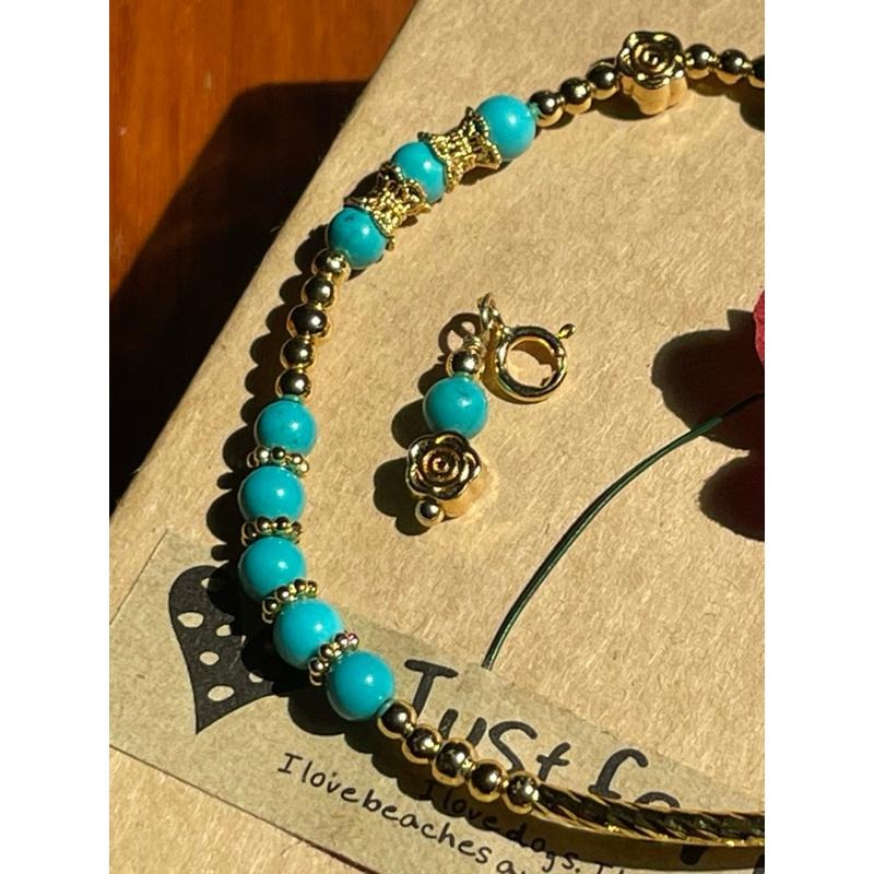 ♪美國藍松石+s925銀、18k包金♪- 天然無染藍松石鍍k金設計款套組—手鍊,項鍊,戒指,隨意扣-細節圖2