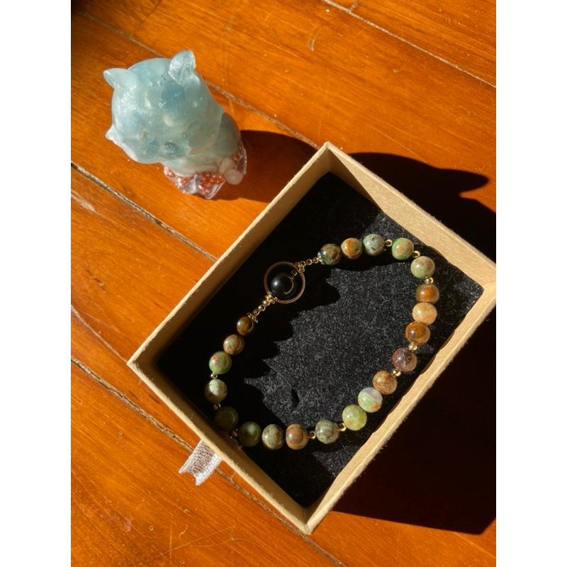 ♪彩虹黑曜石+綠澳寶/歐珀+鍍k金♪- 天然彩曜澳寶包k金—天蠍座生日禮物設計款—手珠/手鍊-細節圖7