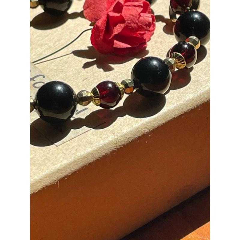 ♪彩虹黑曜石+酒紅石榴石♪- 天然石榴石彩曜石—海底輪E款設計款—手珠/手鍊-細節圖4