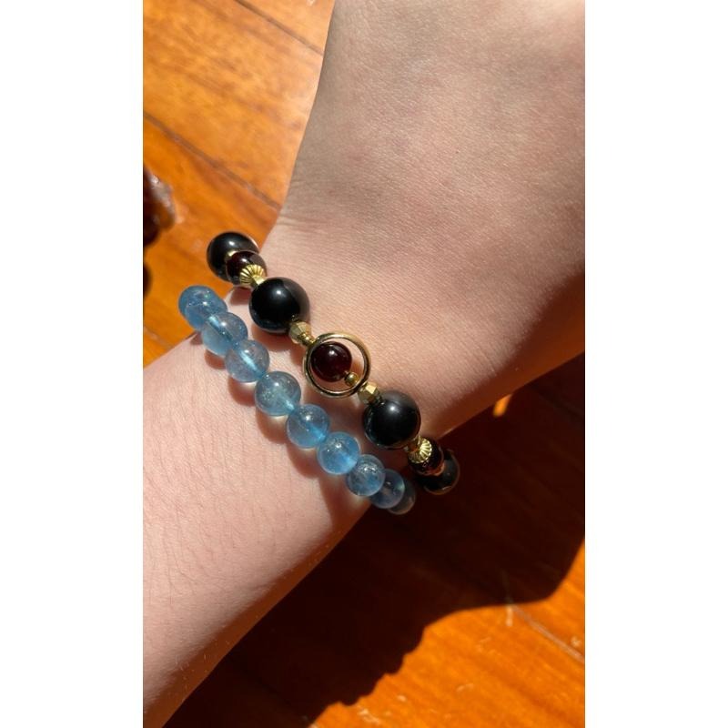 ♪彩虹黑曜石+酒紅石榴石♪- 天然石榴石彩曜石—海底輪E款設計款—手珠/手鍊-細節圖6