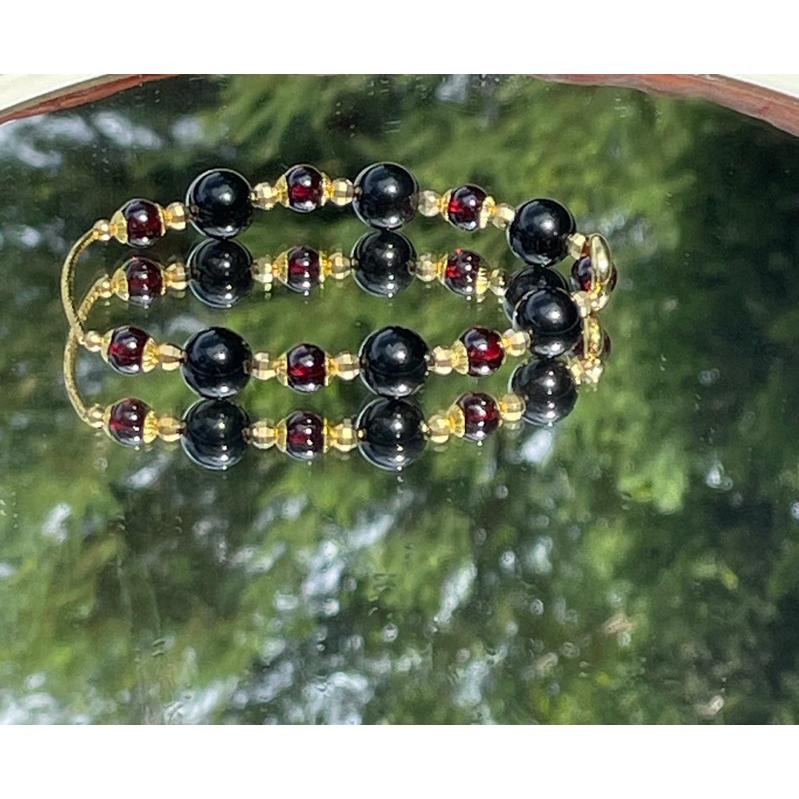 ♪彩虹黑曜石+酒紅石榴石♪- 天然石榴石彩曜石—海底輪E款設計款—手珠/手鍊-細節圖7