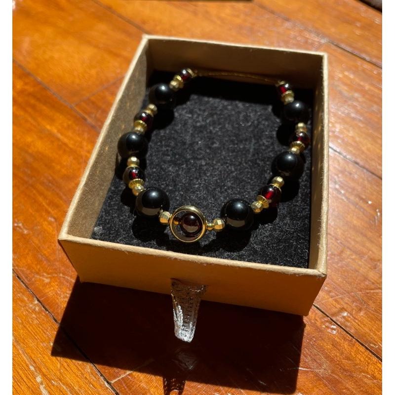 ♪彩虹黑曜石+酒紅石榴石♪- 天然石榴石彩曜石—海底輪E款設計款—手珠/手鍊-細節圖8