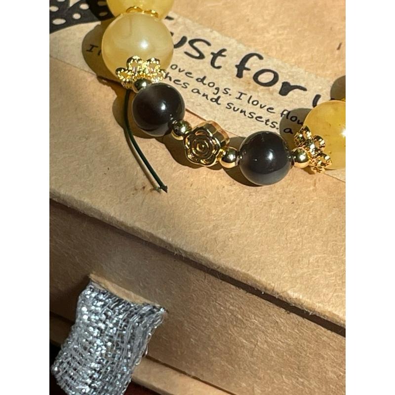 ♪蜜蠟+冰種彩虹黑曜石+18k包金♪- 天然晶系系列設計款—非晶質結構—手珠/手串-細節圖2