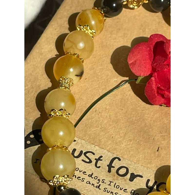 ♪蜜蠟+冰種彩虹黑曜石+18k包金♪- 天然晶系系列設計款—非晶質結構—手珠/手串-細節圖3