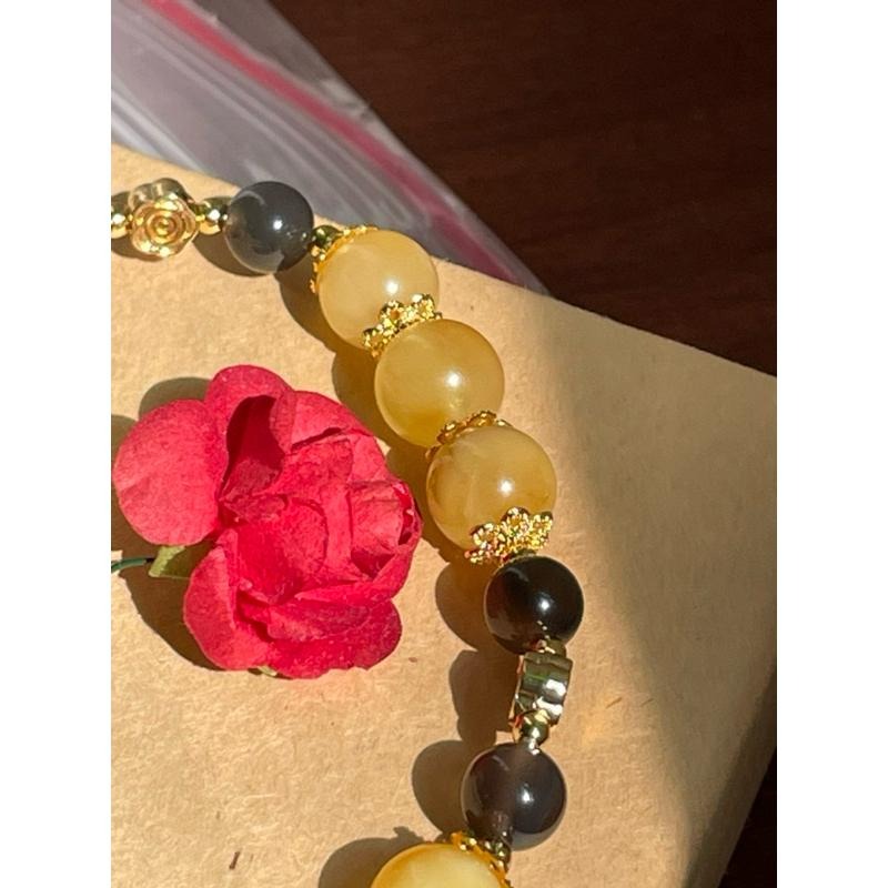 ♪蜜蠟+冰種彩虹黑曜石+18k包金♪- 天然晶系系列設計款—非晶質結構—手珠/手串-細節圖4