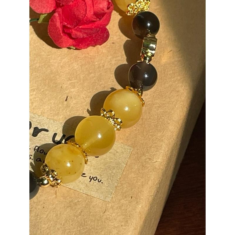 ♪蜜蠟+冰種彩虹黑曜石+18k包金♪- 天然晶系系列設計款—非晶質結構—手珠/手串-細節圖5