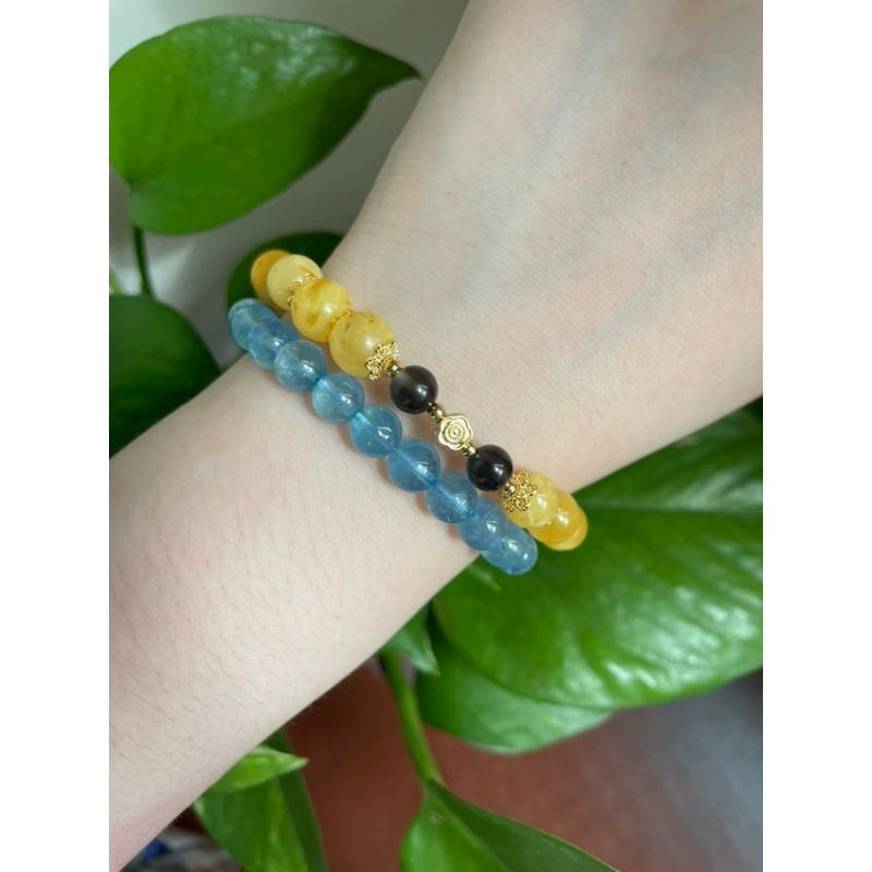 ♪蜜蠟+冰種彩虹黑曜石+18k包金♪- 天然晶系系列設計款—非晶質結構—手珠/手串-細節圖6