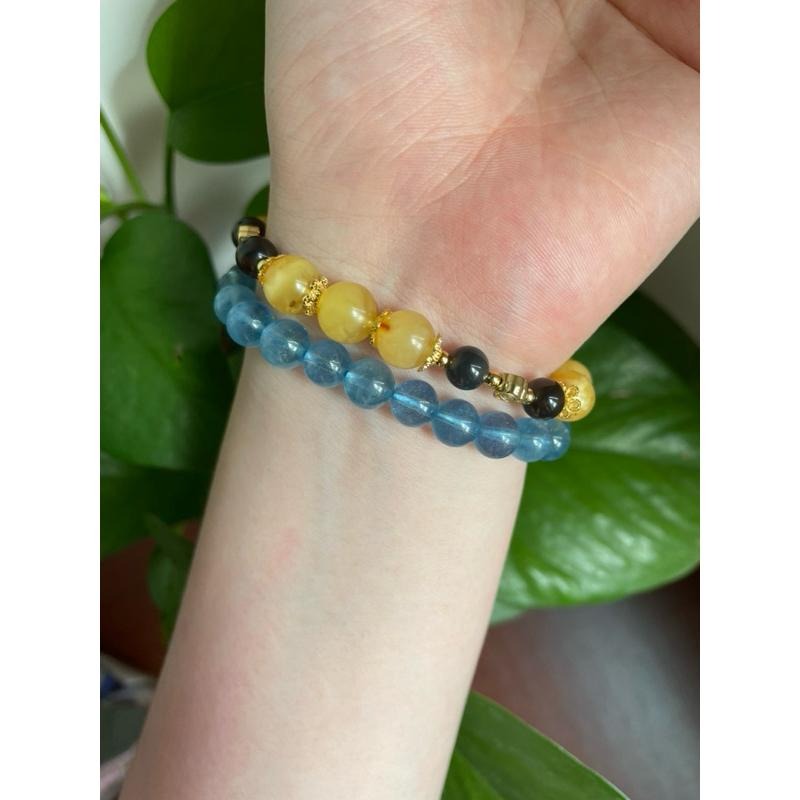 ♪蜜蠟+冰種彩虹黑曜石+18k包金♪- 天然晶系系列設計款—非晶質結構—手珠/手串-細節圖7