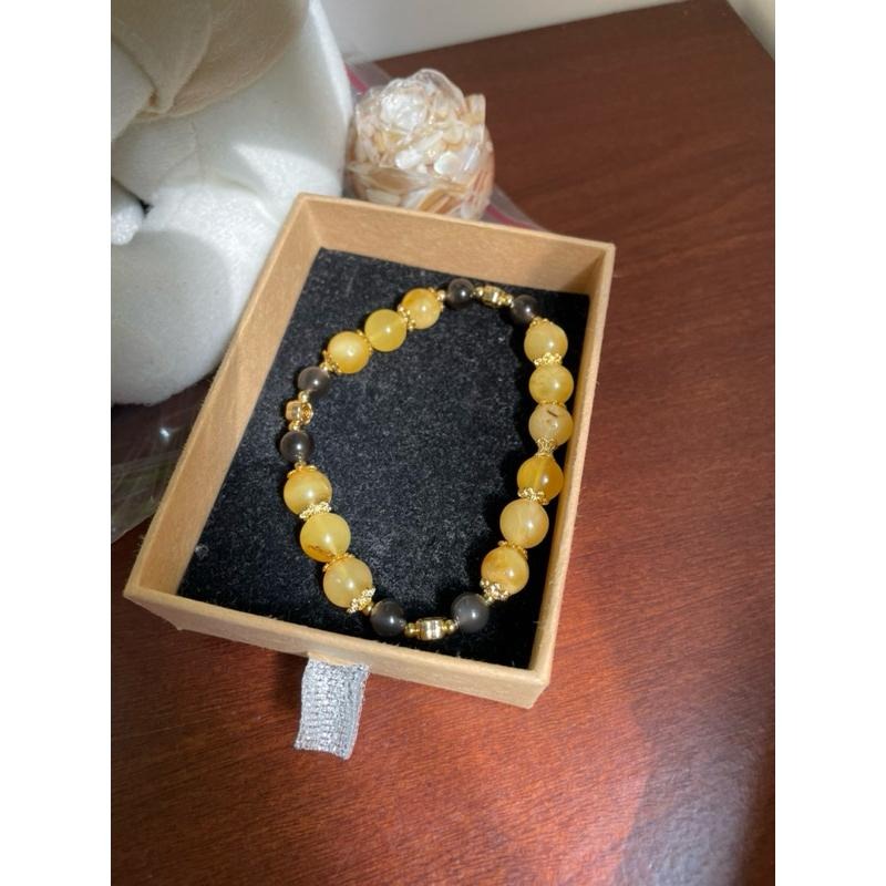 ♪蜜蠟+冰種彩虹黑曜石+18k包金♪- 天然晶系系列設計款—非晶質結構—手珠/手串-細節圖8