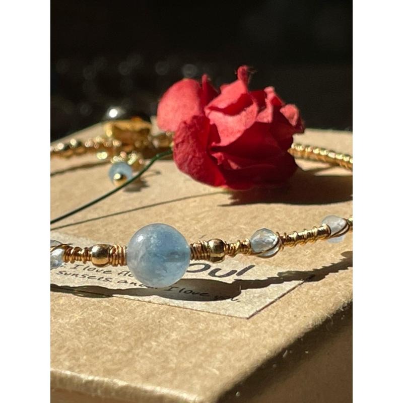 ♪海水藍寶石+銅線編織♪- 3月份誕生石系列—天然海藍寶鑽切三月設計款—手鍊/手鏈-細節圖2